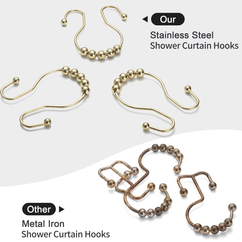 Goowin Shower Curtain Hooks, 12 Pcs Shower Curtain Rings, Stainless Steel Gold Shower Curtain Hooks Rings Rust Proof, Smooth Sliding Anti-Drop Double Shower Hooks for Shower Curtain, Rods (Gold) - Image 2